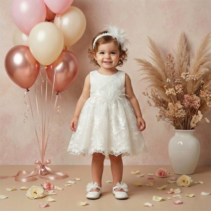 Toddler girl in a white lace dress stands smiling beside pastel balloons and a vase with dried flowers.