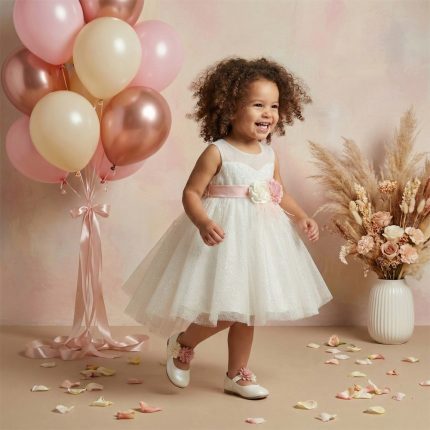 Smiling toddler in a white glittery dress with a pink sash, beside pastel balloons and a vase of dried flowers.