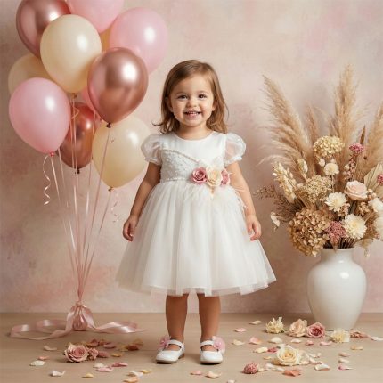 Smiling toddler in a white dress with pink flowers stands among pink and cream balloons and a beige floral arrangement to the side.