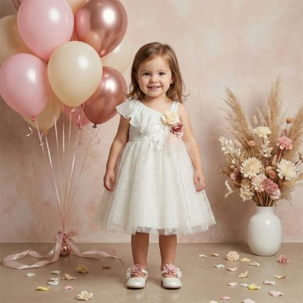 Young girl in a white dress with floral embellishments stands beside pastel balloons and a vase of dried flowers.