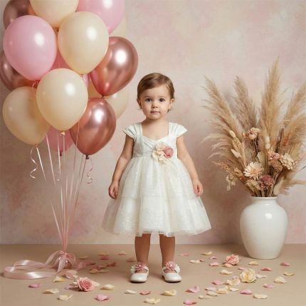 Toddler girl in a white dress stands among pink and cream balloons with a vase of dried flowers nearby and scattered petals on the floor.