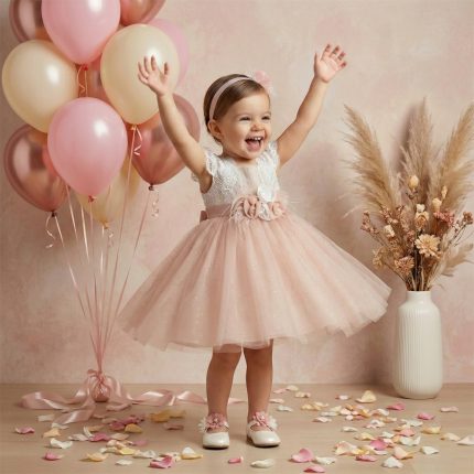 Smiling toddler in a pink lace party dress with a flower belt, arms raised among pastel balloons and scattered petals.