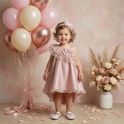 Young girl in a pink party dress stands among pastel balloons and a vase of roses, smiling at the camera.