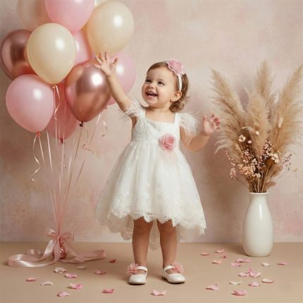 Happy toddler in a white lace dress with a pink headband reaching toward pastel balloons.