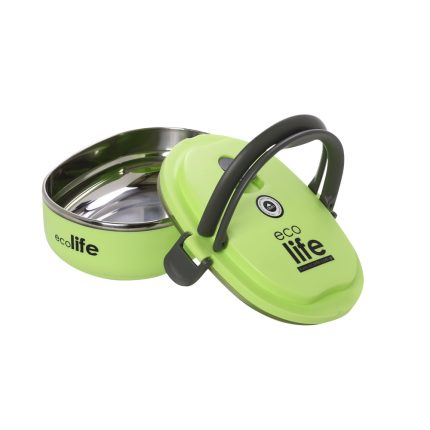 Bright green stainless steel lunch box with a detachable lid and dark carrying handles.