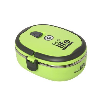 Bright lime-green lunch box with a black latch and gray rim, labeled 'eco life' on top and side edges