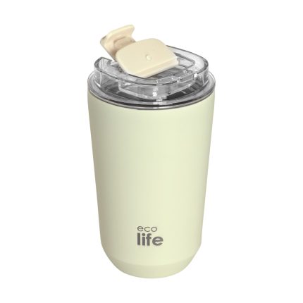 Light green reusable travel tumbler with a clear flip-top lid and beige spout cap, labeled 'eco life' at the bottom fringe of the cup.