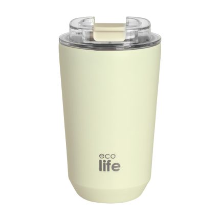 Pale green reusable travel tumbler with clear lid and beige latch labeled 'eco life' on the front area near bottom center.