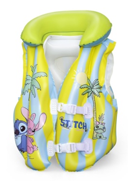 ΦΟΥΣΚΩΤΟ-ΓΙΛΕΚΟ-FUN-LILOSTITCH-DESIGN-3-6-ETH-45EX33X16EK-1 Child-sized inflatable life vest in yellow and blue stripes with Stitch and palm tree print, equipped with white buckle straps.
