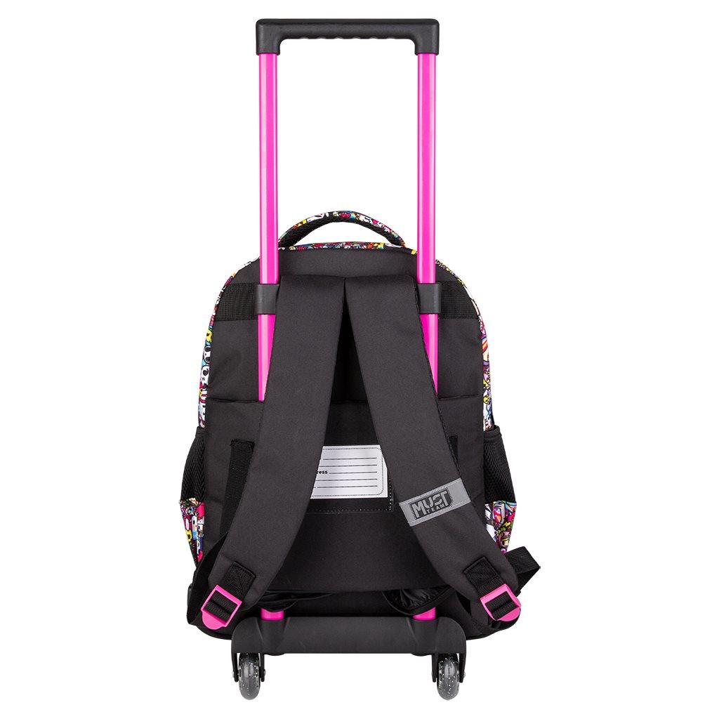 000470333_1 | La Vie en Rose Rolling kids' backpack with a pink extendable handle, two wheels, and colorful side pattern; padded black straps visible on back.