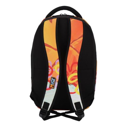 Back view of a black backpack with colorful orange-yellow printed straps and a top handle.