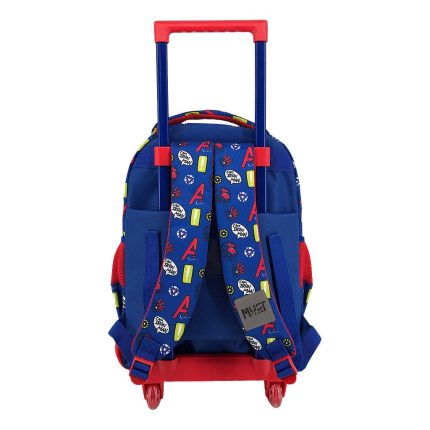 Blue and red kids' rolling backpack with a telescoping red handle extended for wheeled transport.