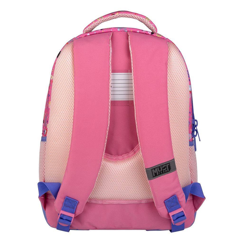 000564868_1 | La Vie en Rose Back view of a pink kids' backpack with padded straps, blue buckles, and mesh back panel.