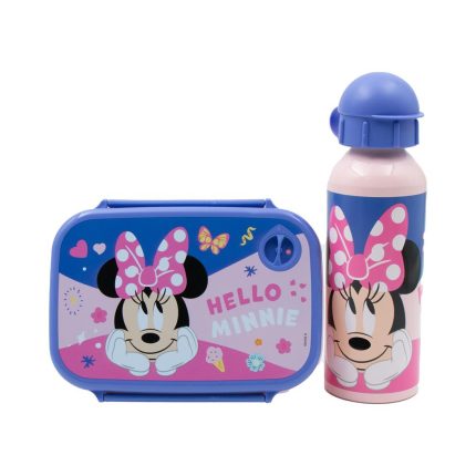 Blue Hello Minnie lunchbox featuring Minnie Mouse with a pink bow, placed next to a matching pink water bottle with Minnie design.