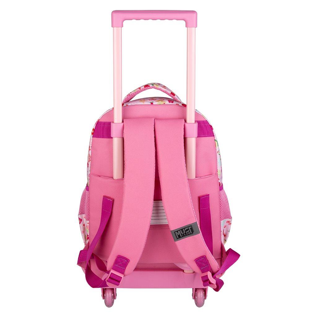 000565040_1 | La Vie en Rose Pink rolling kids' backpack with a telescoping pink handle, side straps, and pink padded shoulder straps with wheels attached at the bottom.