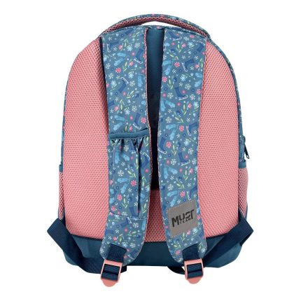 Back view of a pink and blue children’s backpack with floral-patterned shoulder straps and pink buckles on blue bottom trim