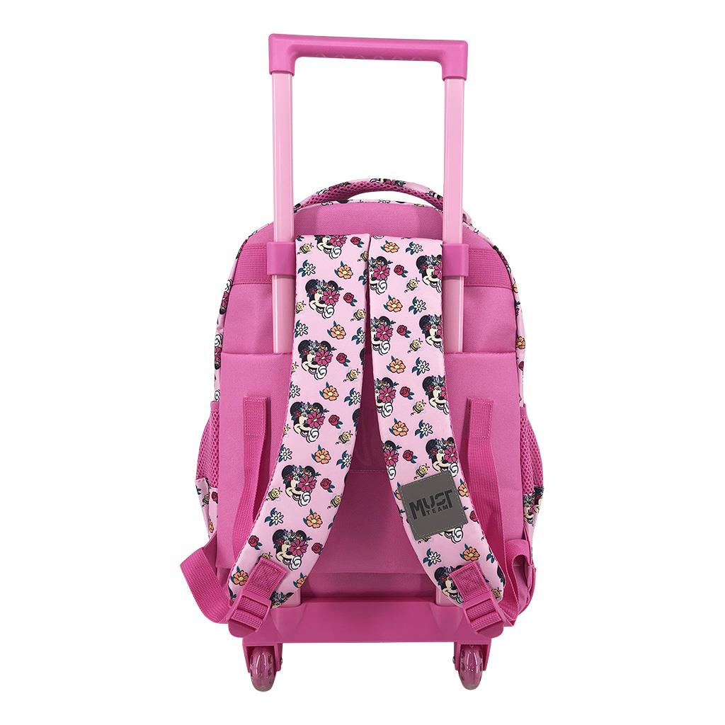 000565975_1 | La Vie en Rose Pink children's rolling backpack with a telescoping handle and pink wheels, featuring Minnie Mouse-style straps and floral pattern.