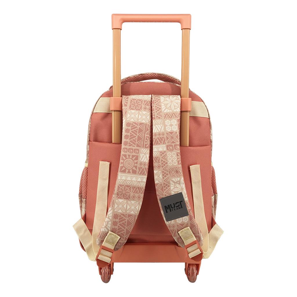 000565985_1 | La Vie en Rose Pink and peach rolling backpack with an extendable handle and two wheels, viewed from the back.
