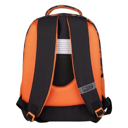 Back view of an orange and black backpack with padded mesh shoulder straps and an orange buckle on each strap.
