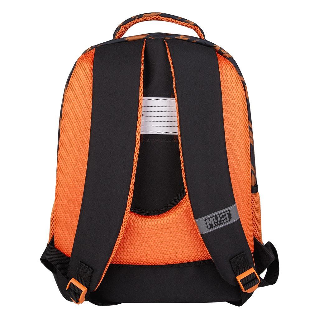 000571022_1 | La Vie en Rose Back view of an orange and black backpack with padded mesh shoulder straps and an orange buckle on each strap.