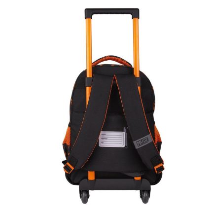 Wheeled black backpack with orange accents and a extendable orange trolley handle; includes padded shoulder straps and a name tag pocket on the back panel.