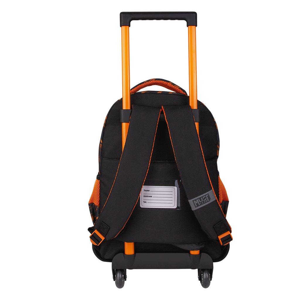 000571028_1 | La Vie en Rose Wheeled black backpack with orange accents and a extendable orange trolley handle; includes padded shoulder straps and a name tag pocket on the back panel.