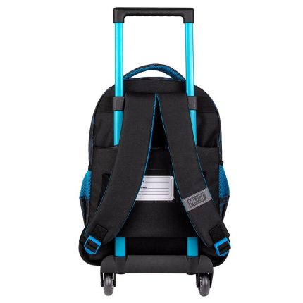 Back view of a black rolling backpack with blue accents and a telescoping handle, showing shoulder straps and wheels for travel transport.