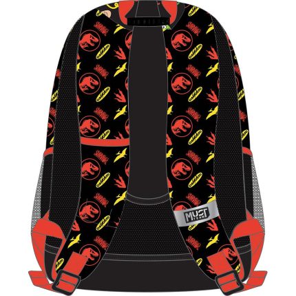 Backpack with black and red dinosaur print pattern, red straps, and mesh side pockets.