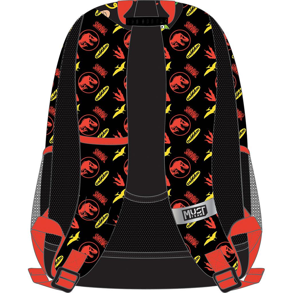 000572019_1 | La Vie en Rose Backpack with black and red dinosaur print pattern, red straps, and mesh side pockets.