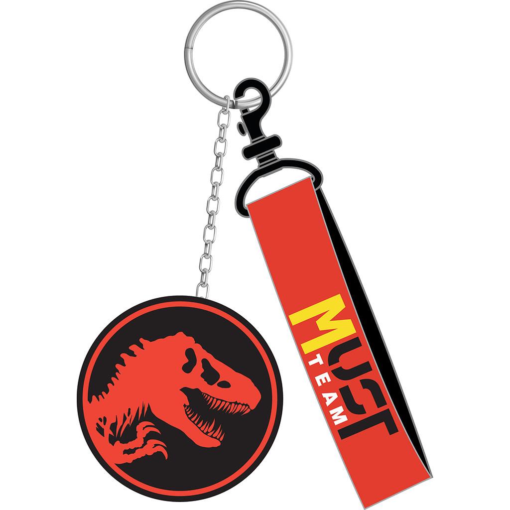 000572019_2 | La Vie en Rose Keychain with a circular red-and-black pendant showing a T-rex silhouette and a red rectangular tag with bold lettering attached by a small chain.