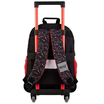 Back view of a black-and-red rolling backpack with a telescoping handle and wheels, ready to roll into school or travel.