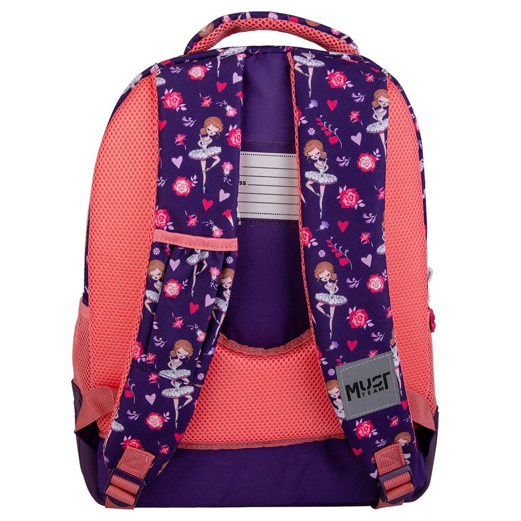 000586189_1 | La Vie en Rose Back view of a purple and pink kids' backpack with a princess/Ballerina pattern, pink padded straps, and mesh side pockets.