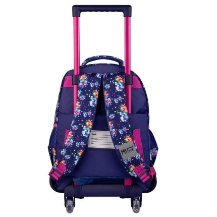 Rolling kids' backpack on wheels with pink telescoping handle, navy fabric, and colorful floral straps and accents.