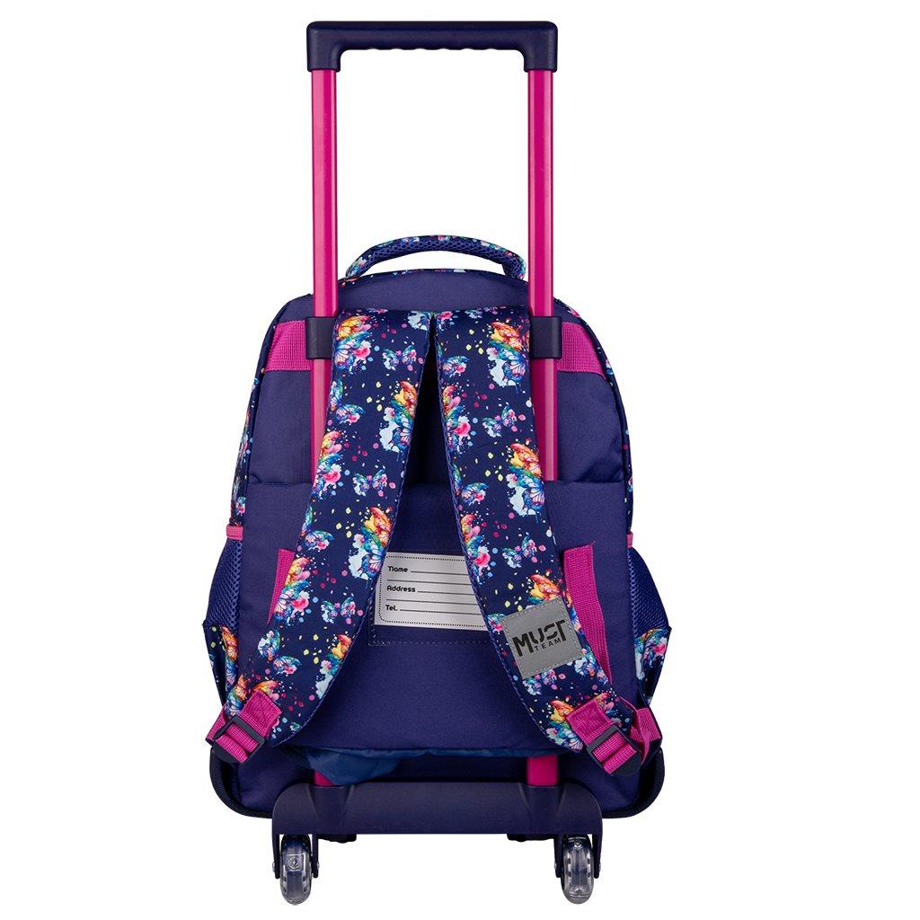 000586196_1 | La Vie en Rose Rolling kids' backpack on wheels with pink telescoping handle, navy fabric, and colorful floral straps and accents.