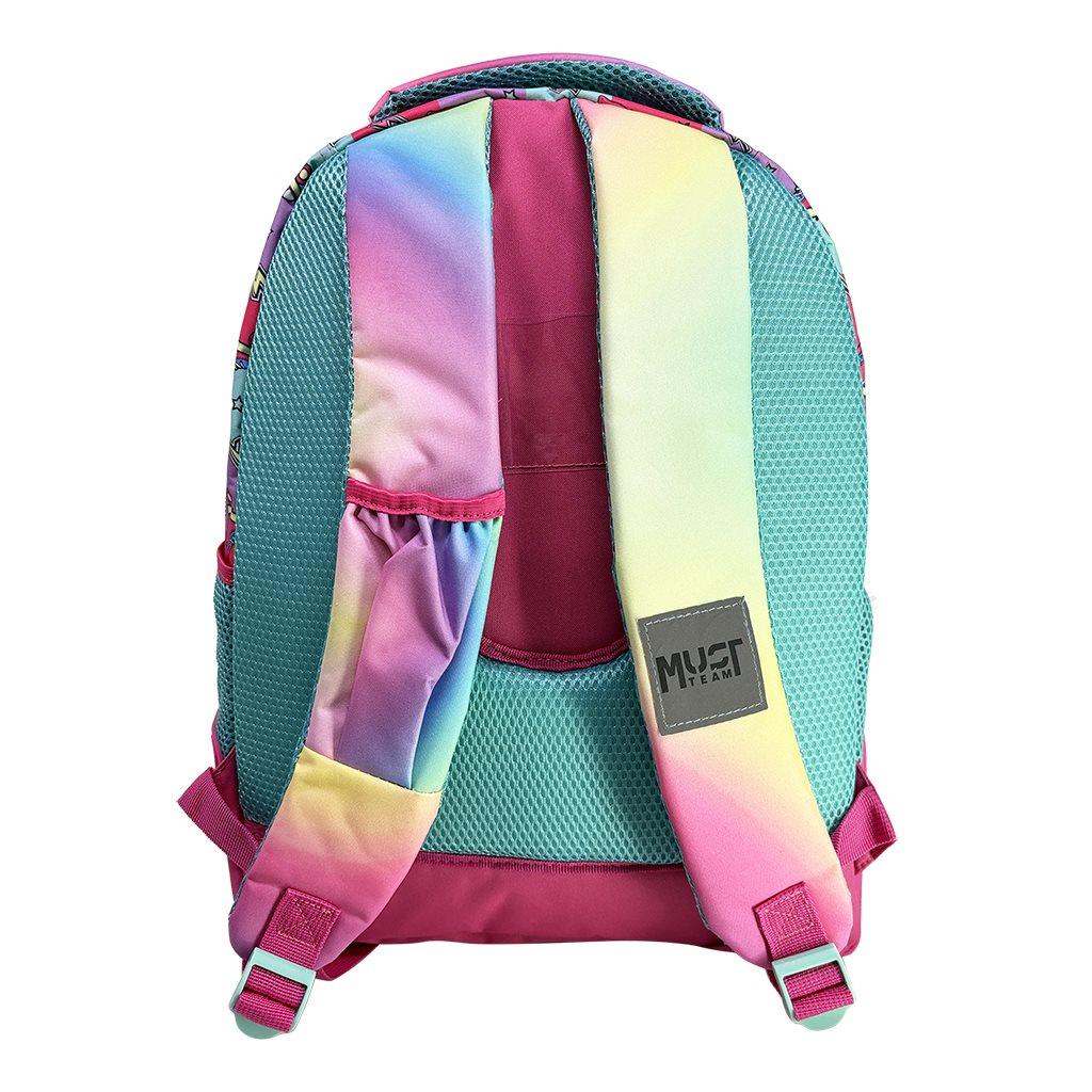 000586262_1 | La Vie en Rose Back view of a pastel-colored kids' backpack with teal mesh back, pink bottom, and rainbow straps.