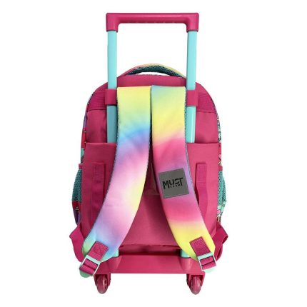 Pink rolling backpack with a pink handle, turquoise frame, and rainbow shoulder straps on a white background.