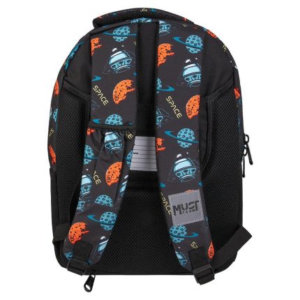 Black backpack with space-pattern straps featuring orange planets and blue UFO designs on a dark background.