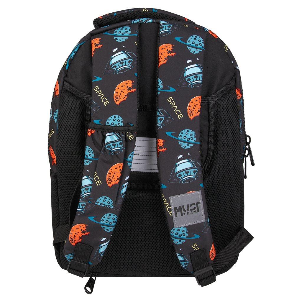 000586654_1 | La Vie en Rose Black backpack with space-pattern straps featuring orange planets and blue UFO designs on a dark background.
