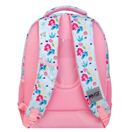 Pink kids' backpack with mermaid print, showing padded straps and breathable back panel.