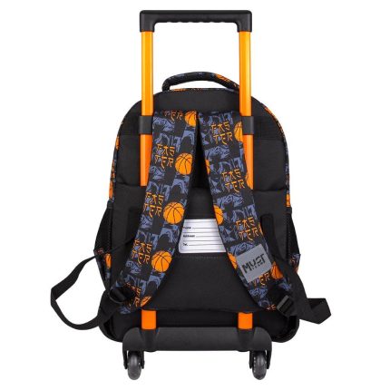 Rolling backpack with a retractable orange handle and two wheels, viewed from the back; black body with patterned straps for kids.