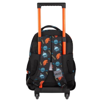 Kids' rolling backpack with an orange telescoping handle and wheels; black bag with space-patterned straps and planets/rockets design.