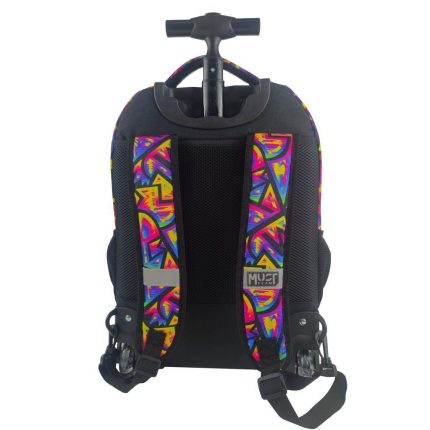 Kids' rolling backpack with a pull handle and colorful geometric-pattern straps on a black body