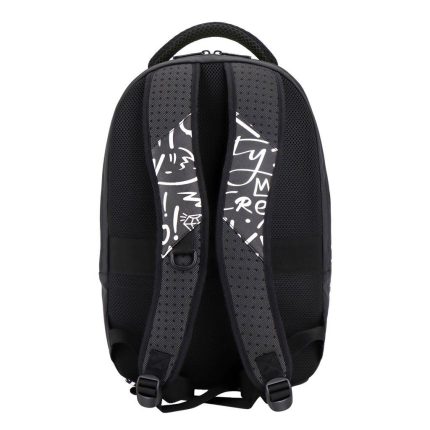 Back view of a black backpack with padded breathable straps and a top carry handle, facing away from the viewer.