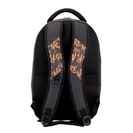 Black backpack viewed from the back, showing padded shoulder straps with orange graffiti lettering and a top grab handle.