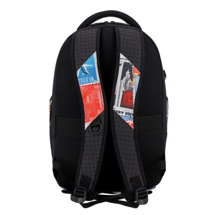 Back view of a black backpack with padded mesh straps and a top handle, colorful graphic accents on the straps.