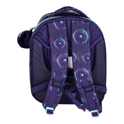 Purple kids' backpack with neon circular pattern, shown from the back with padded shoulder straps and side pockets