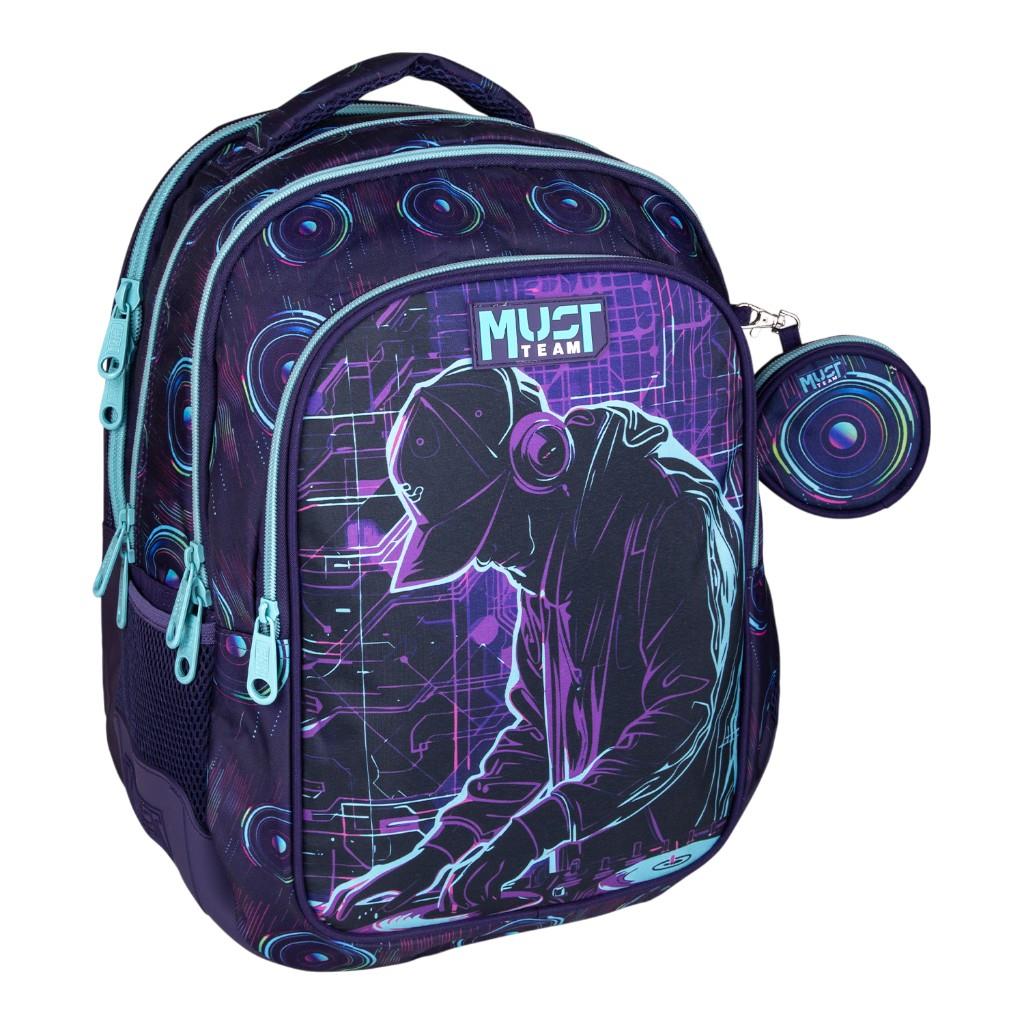 000587204_2 | La Vie en Rose Purple and teal backpack with a neon DJ/hoodie figure graphic, multiple zip compartments, and a circular matching accessory attached on the side.