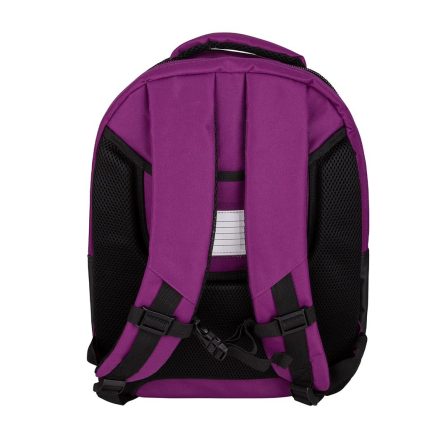 Back view of a purple backpack with padded shoulder straps and black mesh back panel
