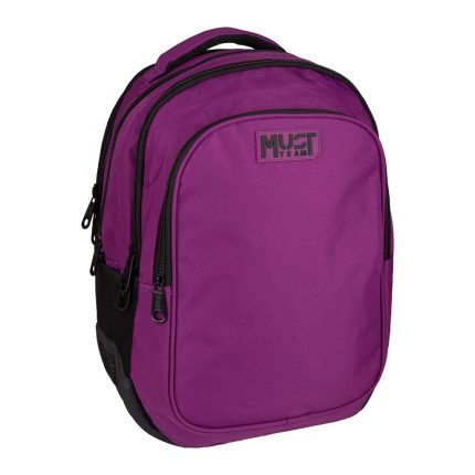 Purple backpack with multiple zip compartments and a top handle, featuring a front logo patch reading MUFT TEAM