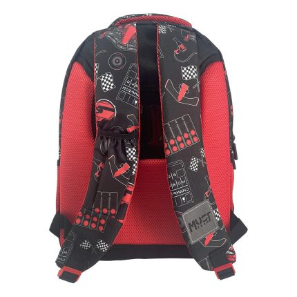 Red and black kids' backpack with a racing car print, padded red mesh straps, and a top handle.